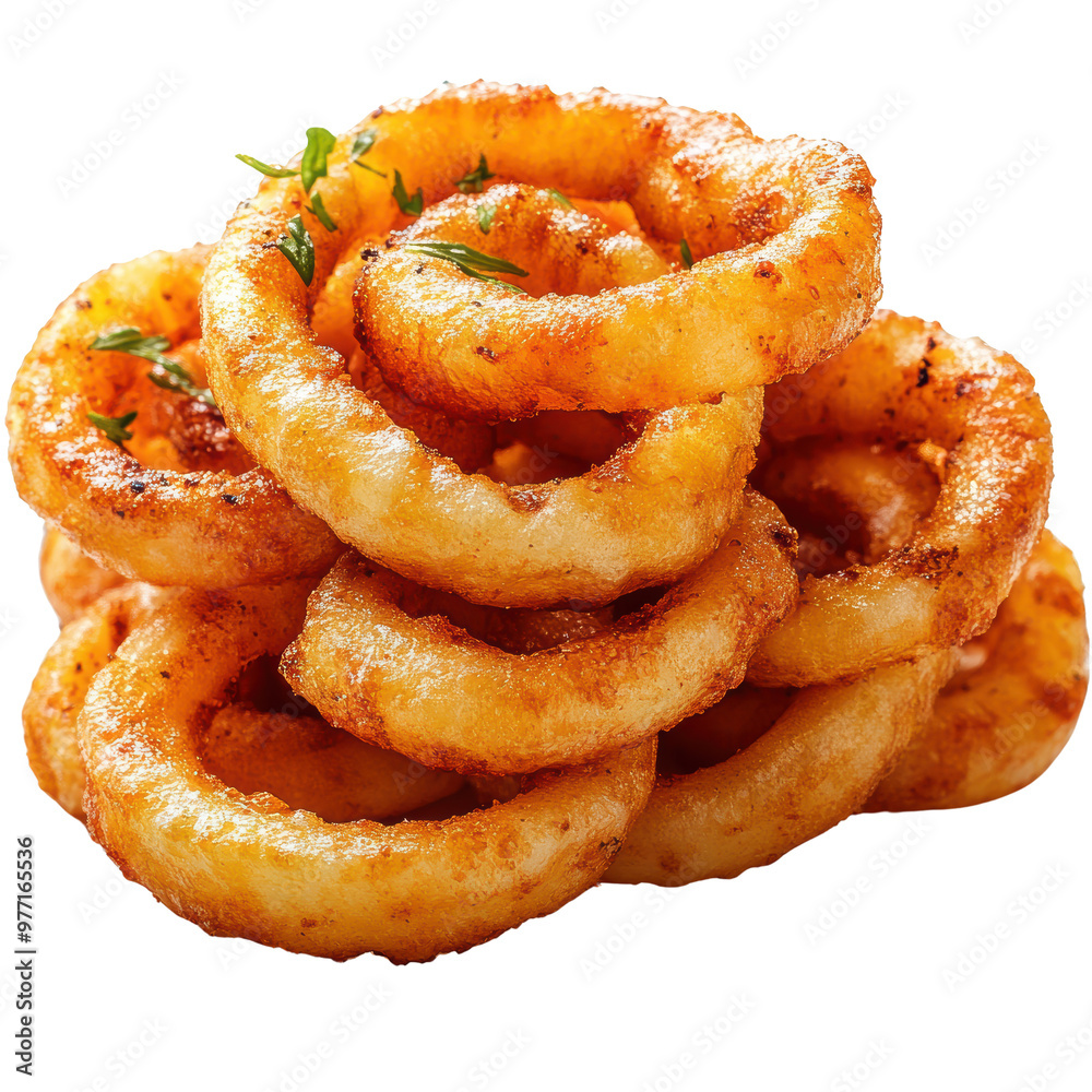 A delicious stack of golden-brown onion rings, crispy and lightly seasoned, perfect as a snack or side dish A delicious stack of golden-brown onion rings, crispy and lightly seasoned, perfect as a snack or side dish
