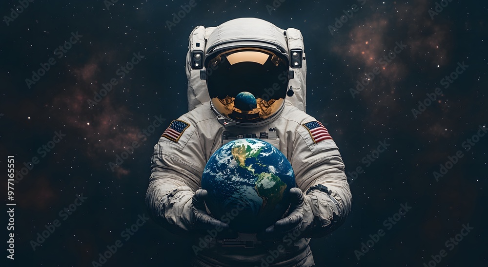 Astronaut in space suit holding earth on dark background. Space exploration concept, an astronaut with earth in hand. Figure of an astronaut against the sky. 3D sci-fi art. Astronaut in space suit holding earth on dark background. Space exploration concept, an astronaut with earth in hand. Figure of an astronaut against the sky. 3D sci-fi art.