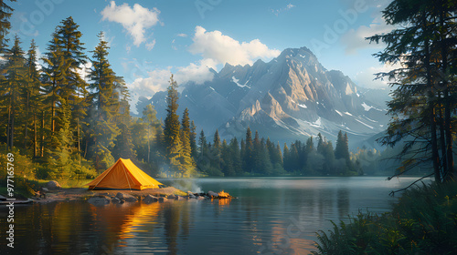 Wallpaper Mural camping tent in the forest.Summer camp with bonfire, tent, backpack . landscape with mountain, forest and campsite. Torontodigital.ca