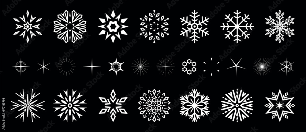 Snowflakes icon collection. Graphic modern black and white ornament. Snowflakes icon collection. Graphic modern black and white ornament.