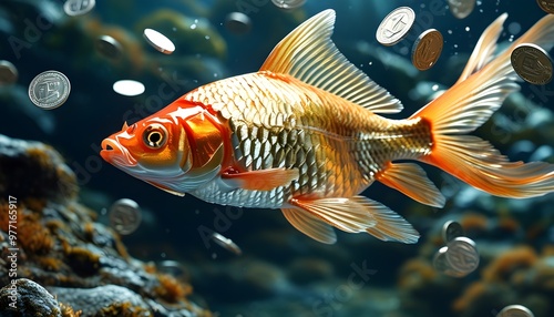 Dynamic dance of fish amidst flowing silver coins in a vibrant underwater landscape, representing wealth and abundance photo