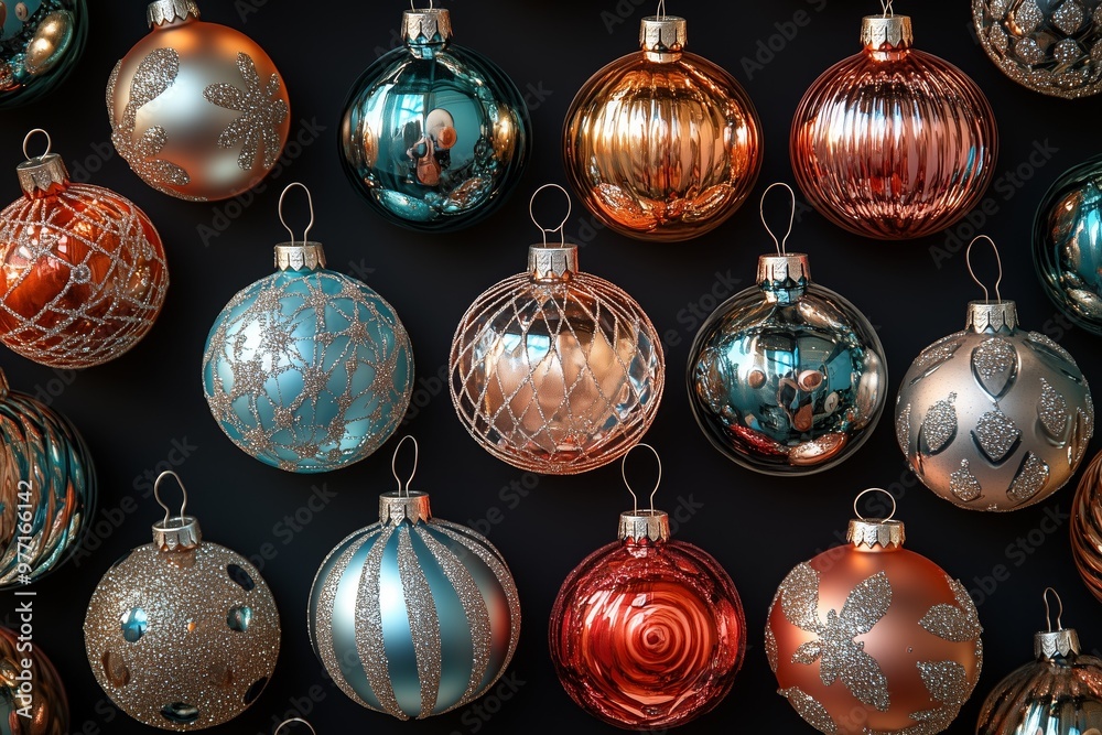 A pattern of vibrant retro style glass christmas baubles, festive spirit holiday season A pattern of vibrant retro style glass christmas baubles, festive spirit holiday season