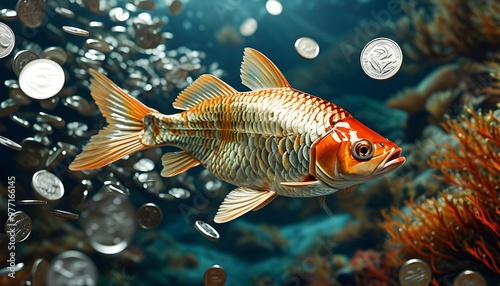 Dynamic dance of fish amidst flowing silver coins in a vibrant underwater landscape, representing wealth and abundance photo