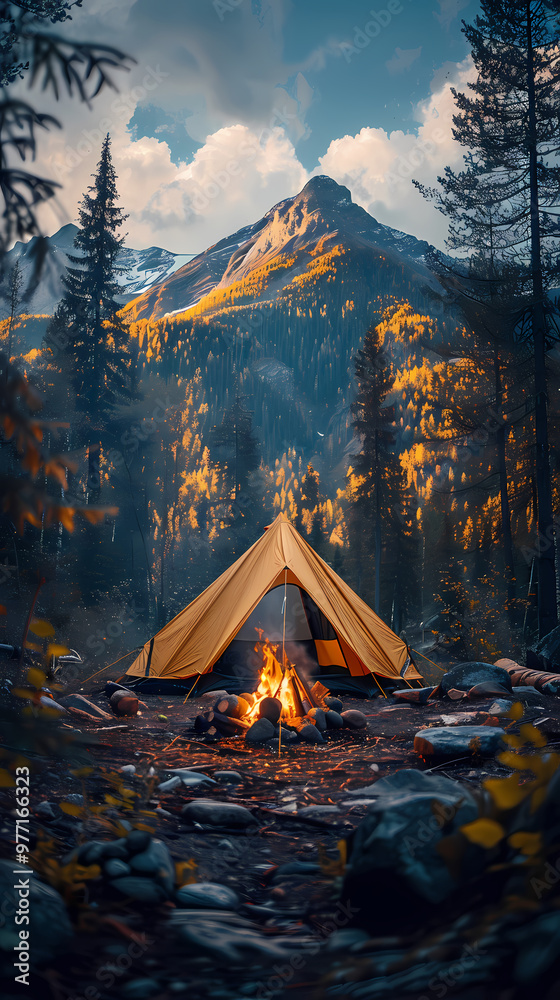 camping tent in the forest.Summer camp with bonfire, tent, backpack . landscape with mountain, forest and campsite. camping tent in the forest.Summer camp with bonfire, tent, backpack . landscape with mountain, forest and campsite.