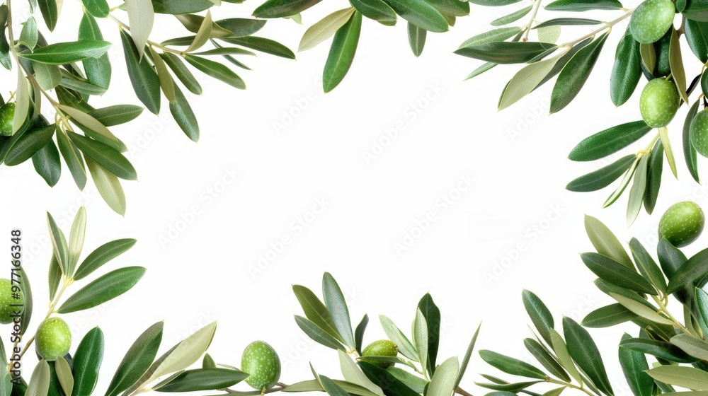 Frame or borders made of fresh green olive fruit with leaves on white background Frame or borders made of fresh green olive fruit with leaves on white background