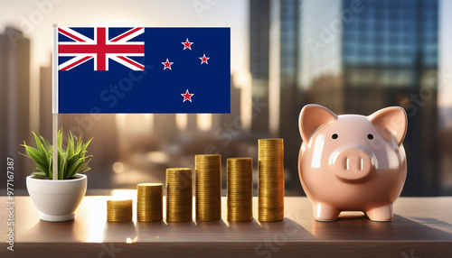 flag of New Zealand and piggy bank with columns of coins,against blurry city buildings.Business,earnings,make money,finance and economy concept. photo