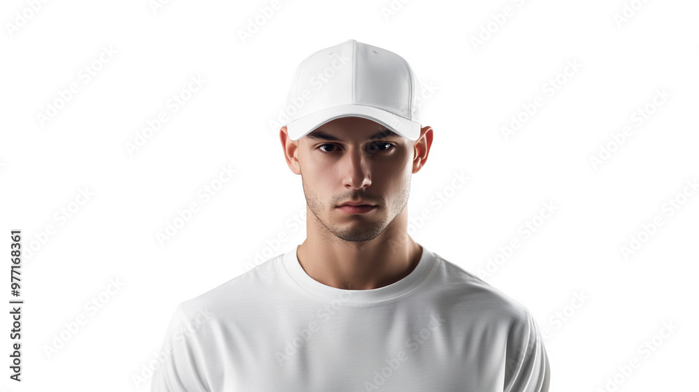 a man wearing a white cap mockup on white background a man wearing a white cap mockup on white background