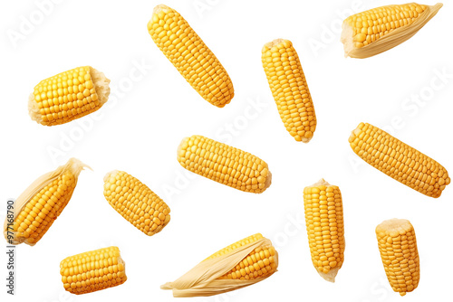 Bunch of Yellow Maize PNG uncooked Maize Flying in the air isolated on white and transparent background - Corn seeds and Maize farming Concept