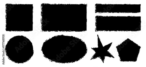 Set of various shapes with jagged edges drawn with brush. Pieces of torn paper