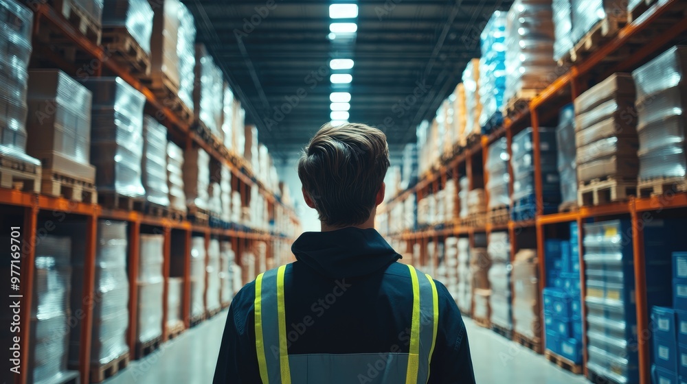 Back view of a logistics coordinator ensuring stock levels in a brightly lit warehouse Back view of a logistics coordinator ensuring stock levels in a brightly lit warehouse