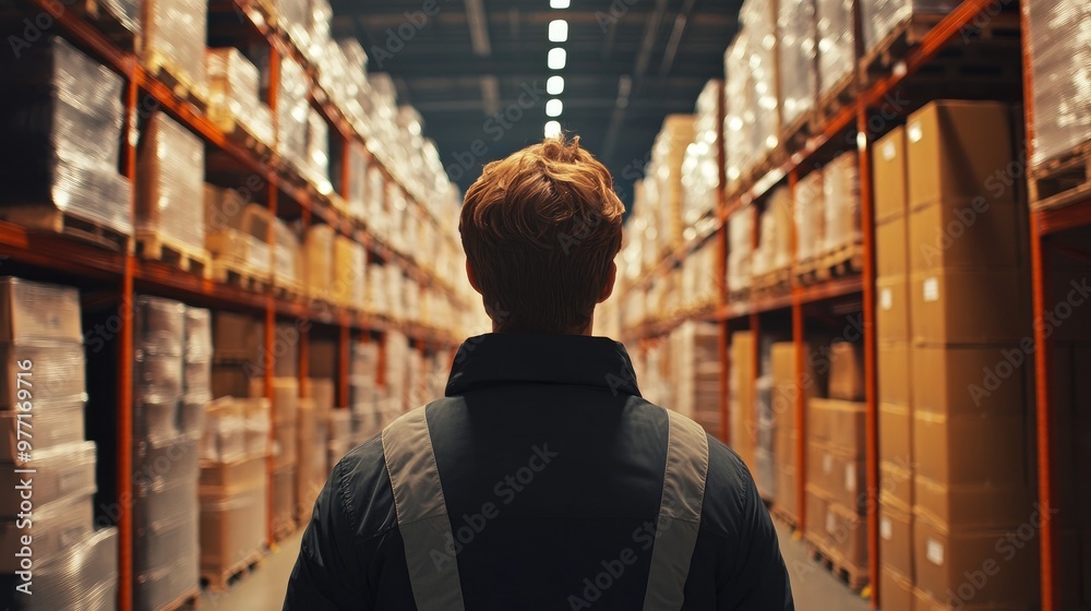 Back view of a logistics coordinator ensuring stock levels in a brightly lit warehouse Back view of a logistics coordinator ensuring stock levels in a brightly lit warehouse