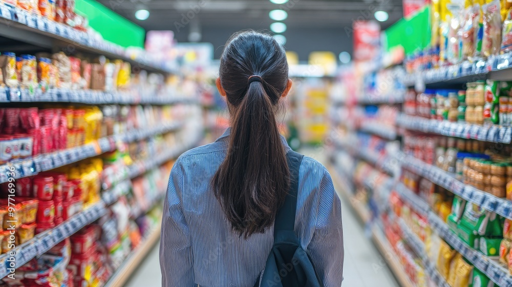 Back view of a salesperson checking goods in a bright supermarket Back view of a salesperson checking goods in a bright supermarket