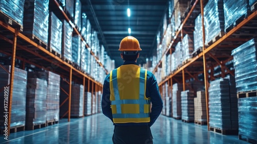 Back view of a logistics coordinator ensuring stock levels in a brightly lit warehouse photo