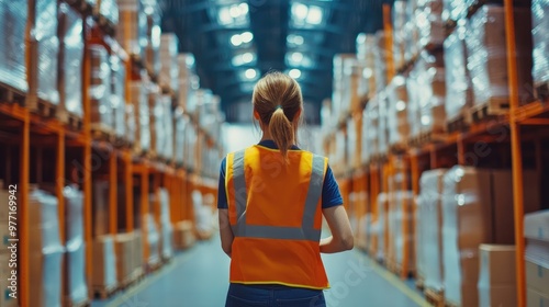 Back view of a logistics coordinator ensuring stock levels in a brightly lit warehouse photo