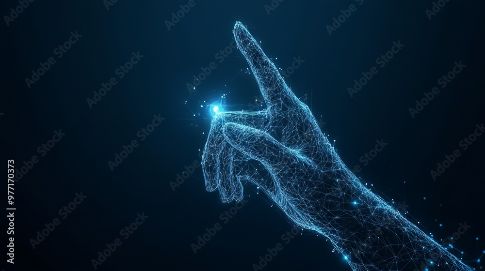 3d hand with index finger pressing or pushing button. Action or gesture concept in dark blue background. Digital polygonal wireframe with dots, lines and shapes 3d hand with index finger pressing or pushing button. Action or gesture concept in dark blue background. Digital polygonal wireframe with dots, lines and shapes