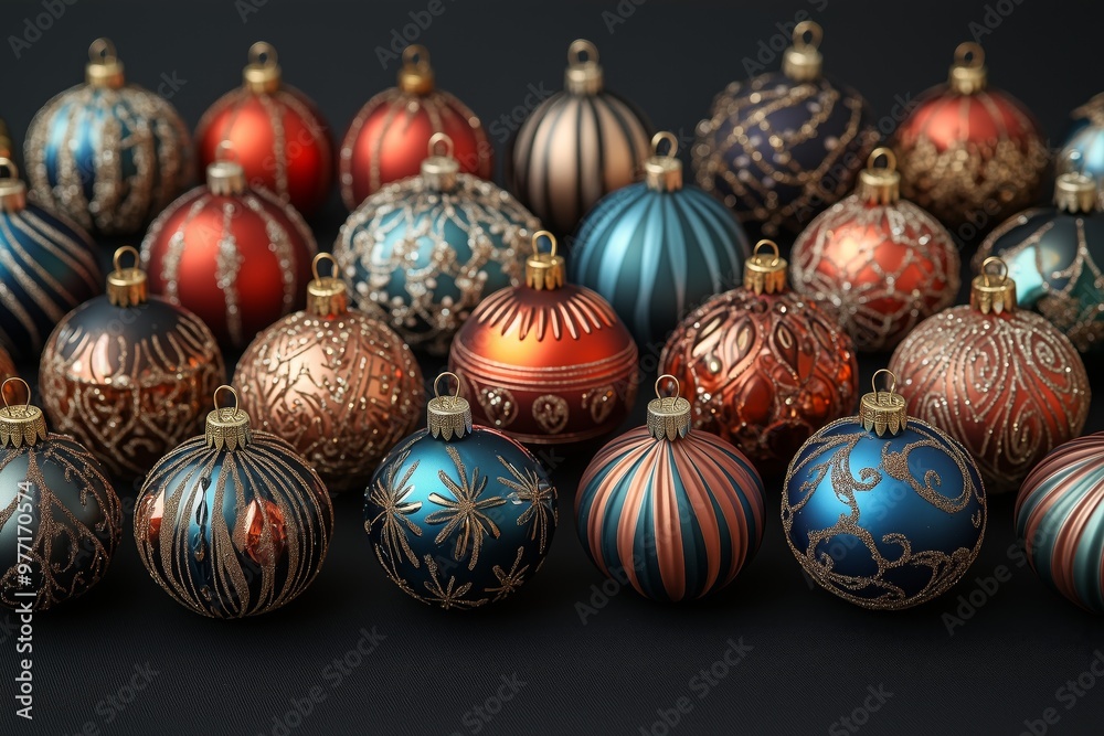 A pattern of vibrant retro style glass christmas baubles, festive spirit holiday season A pattern of vibrant retro style glass christmas baubles, festive spirit holiday season