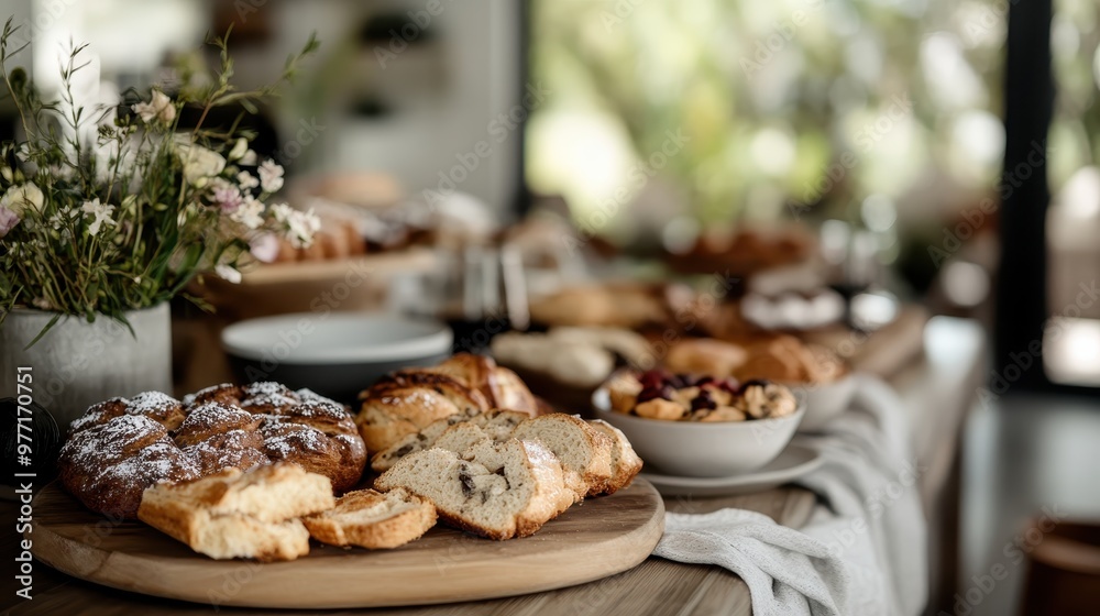 An inviting rustic display of assorted bread and pastries on a wooden table, complemented by fresh flowers, creating a warm and cozy atmosphere perfect for any gathering. An inviting rustic display of assorted bread and pastries on a wooden table, complemented by fresh flowers, creating a warm and cozy atmosphere perfect for any gathering.