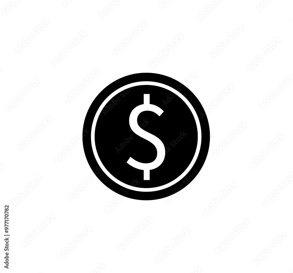 Black and white design of a dollar sign inside a circle. Ideal for finance, banking, economics, currency, and business themes. Minimalist style, clear and straightforward representation of monetary Black and white design of a dollar sign inside a circle. Ideal for finance, banking, economics, currency, and business themes. Minimalist style, clear and straightforward representation of monetary