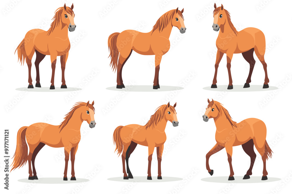 Obraz premium Horse poses. Wild horses walking or gallop running pose, arabian mare farm animal hoof gait trotter run grazing thoroughbred, set cartoon ingenious vector illustration of animal wild stallion design