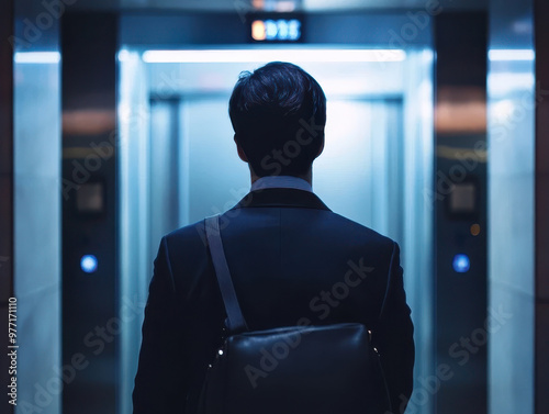 A Back View of an Office Worker Stepping into an Elevator, with a Business Bag Over Their Shoulder
