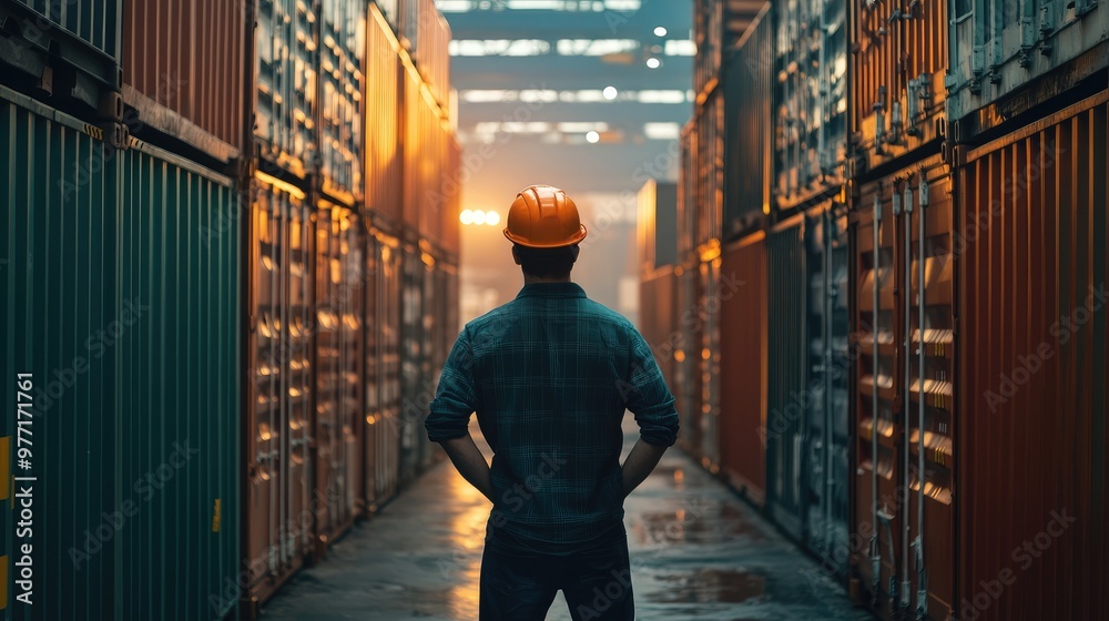 Back view of a logistics coordinator ensuring stock container in a brightly port Back view of a logistics coordinator ensuring stock container in a brightly port