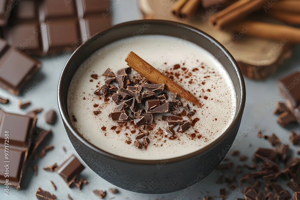 Delicious hot chocolate with chocolate shavings and cinnamon garnish Delicious hot chocolate with chocolate shavings and cinnamon garnish