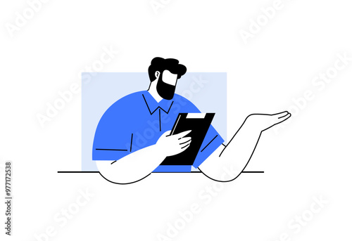 A man with a beard wearing a blue shirt reads from a clipboard while gesturing with one hand. Ideal for educational materials business presentations professional discussions modern workplace themes
