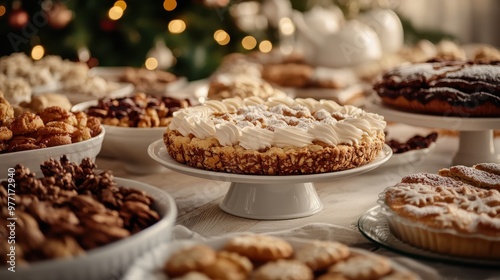 A festive dessert table adorned with an array of cakes, cookies, and pastries, specially prepared for a holiday celebration, invoking feelings of joy and togetherness.