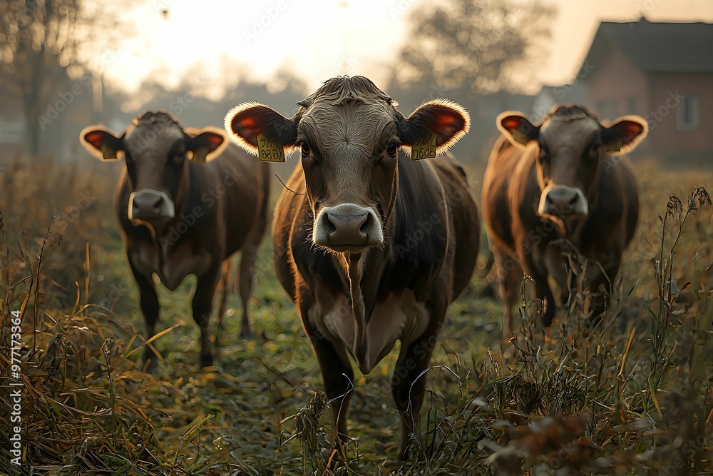 Cows grazing in a field during sunset near a rural farmhouse Cows grazing in a field during sunset near a rural farmhouse