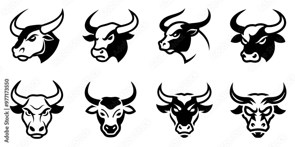 bull head silhouette icons set black, vector logo vector silhouette, flat logo design isolated on white background bull head silhouette icons set black, vector logo vector silhouette, flat logo design isolated on white background