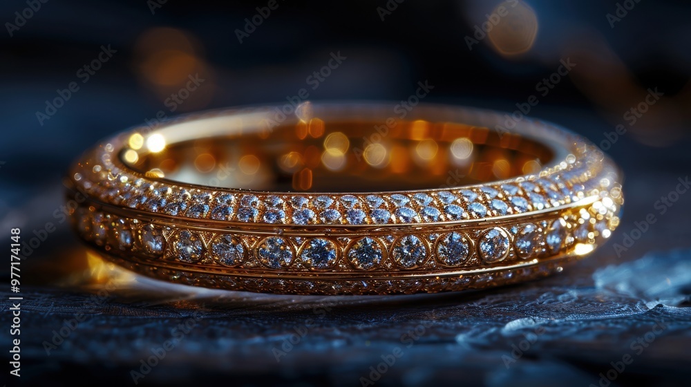 A close-up image showcasing a luxurious, intricately designed gold bracelet studded with sparkling diamonds, resting on an elegantly textured surface in low-light ambiance A close-up image showcasing a luxurious, intricately designed gold bracelet studded with sparkling diamonds, resting on an elegantly textured surface in low-light ambiance