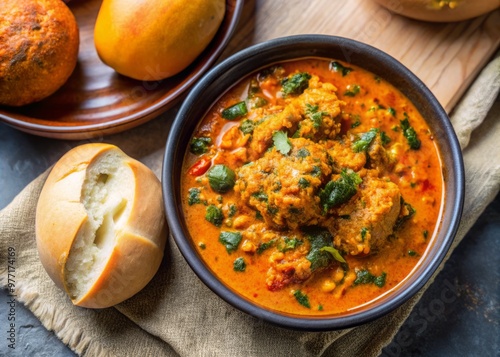 Vibrant, orange-hued egusi soup, made with ground melon seeds, and served with a side of crusty bread or fufu. photo