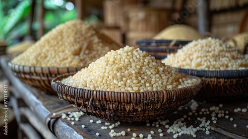 A close-up image capturing mounds of tapioca pearls in woven baskets on a rustic wooden table, highlighting the texture and detail of this traditional food ingredient photo