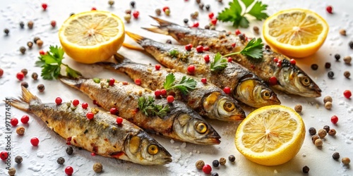 Wallpaper Mural Appetizing fried sardines arranged artfully on a white surface, with a squeeze of lemon and a dash of pepper adding a pop of color and flavor. Torontodigital.ca