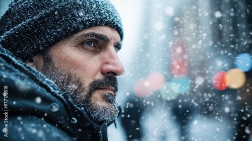 A man in winter attire stares intently amid falling snow, showcasing a rugged and determined presence. The scene's light and mood enhance the dramatic atmosphere.