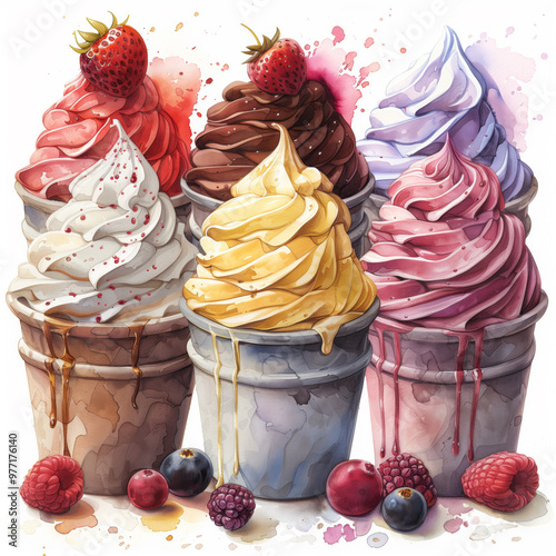  Watercolor illustration of Colorful ice cream in cups with strawberries,blueberries and raspberries  on white background photo