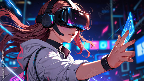 woman wearing virtual reality glasses and a headset on a solid blue background. Augmented reality, games, future technologies. Metaverse digital virtual reality technology.