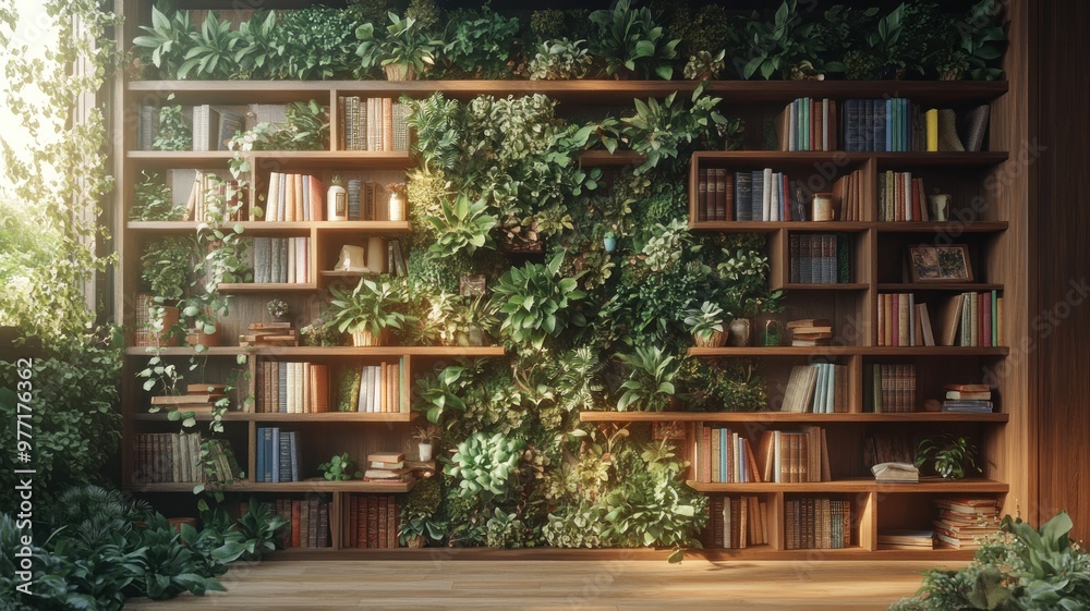 Fototapeta premium Cozy Home Library Vertical Garden Wall with Trailing Plants and Succulents