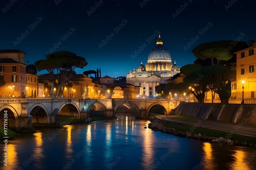 Fototapeta premium A breathtaking night view of St. Peter's Basilica in Rome, Italy, illuminated against the dark sky, generative ai