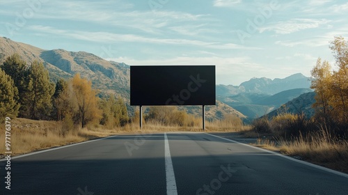 Mockup black blank board on the highway mountain view going to journey