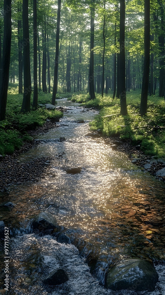 A tranquil forest stream winds its way through a lush green canopy, sunlight sparkling on the water's surface. A tranquil forest stream winds its way through a lush green canopy, sunlight sparkling on the water's surface.