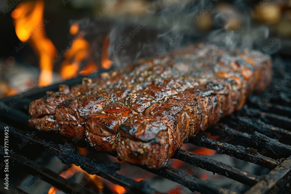 Close-up of a delicious, perfectly cooked piece of seasoned steak on a grill with flames in the background, captured in a mouth-watering, appetizing presentation Close-up of a delicious, perfectly cooked piece of seasoned steak on a grill with flames in the background, captured in a mouth-watering, appetizing presentation