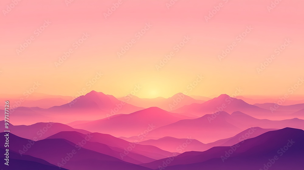 Fototapeta premium A soft, glowing sunset behind mountains with a clear sky for text