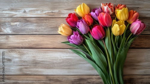 Colorful Tulips on Light Wooden Background with Copy Space