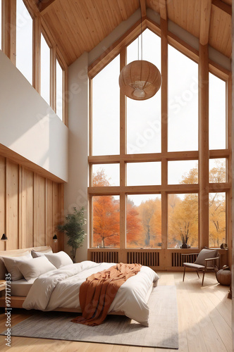 Scandinavian Bedroom with Fall Foliage and Minimalist Design