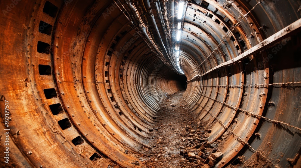An evocative image of an old, rusty tunnel with worn surfaces, partially illuminated by small overhead lights, highlighting the passage of time and the industrial atmosphere. An evocative image of an old, rusty tunnel with worn surfaces, partially illuminated by small overhead lights, highlighting the passage of time and the industrial atmosphere.