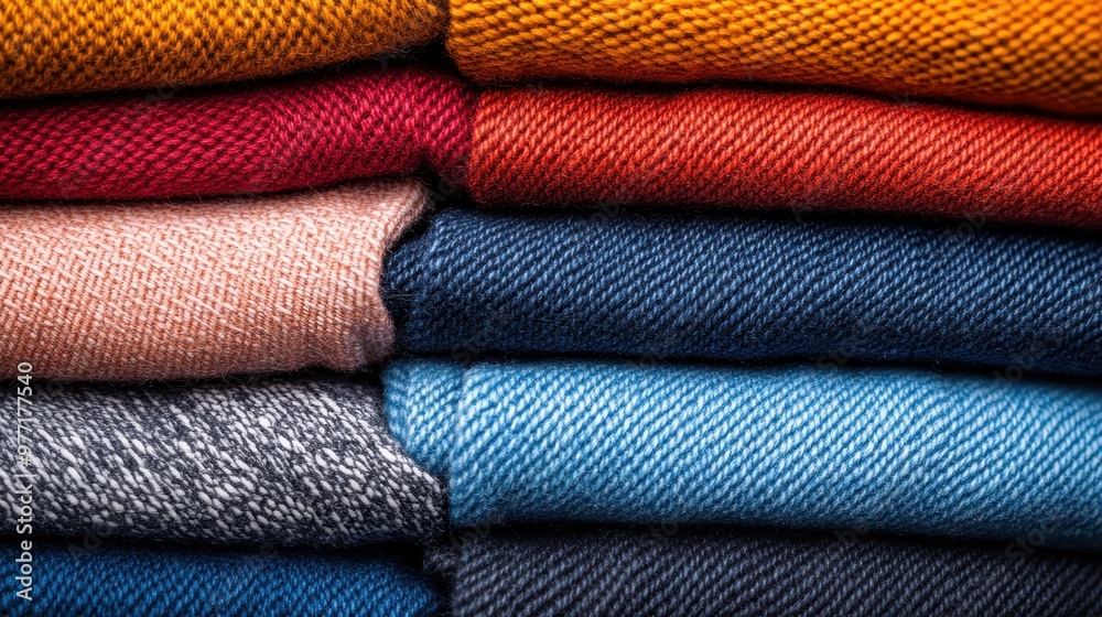 A close-up image showcasing a stack of colorful fabrics, neatly folded and arranged in a symmetrical and orderly manner, highlighting different textures and hues.
