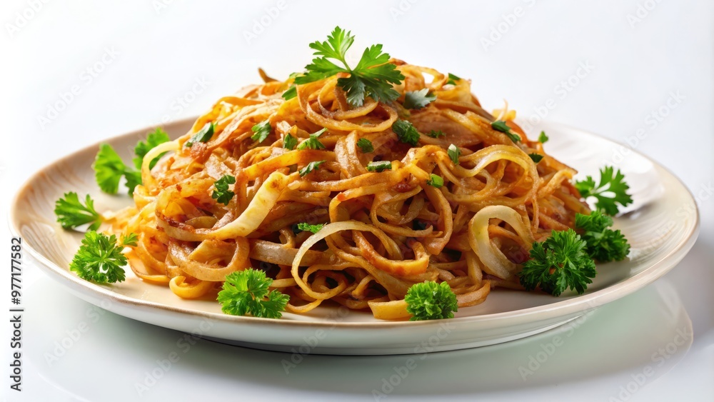 Delicate curls of fried onion and parsley garnish a hearty serving of pyttipanna, spotlighting the dish's comforting, homemade essence on a clean white backdrop. Delicate curls of fried onion and parsley garnish a hearty serving of pyttipanna, spotlighting the dish's comforting, homemade essence on a clean white backdrop.