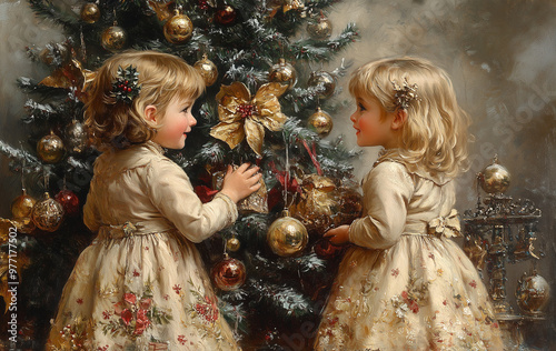 Christmas and New Year's card. Children, two girls at the Christmas tree with gifts. Holiday Christmas illustration in the style of a painting picture. 19th century style. Postcard. Ai generative.