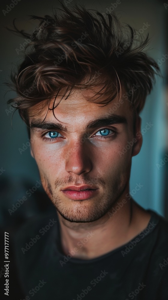 Young man with striking blue eyes poses for a close-up Young man with striking blue eyes poses for a close-up